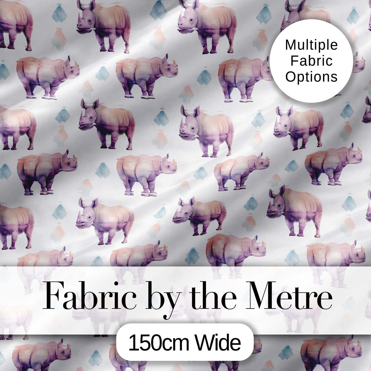 Pastel Purple Watercolor Rhino with Soft Diamond Shapes Seamless Pattern Digital Print Fabric by the Metre UK Sewing Quilting Textile