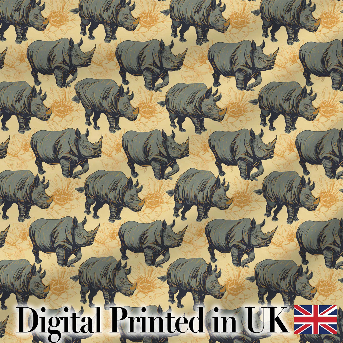Dark Rhino with Floral Line Art Background Seamless Pattern Digital Print Fabric by the Metre UK Sewing Quilting Textile