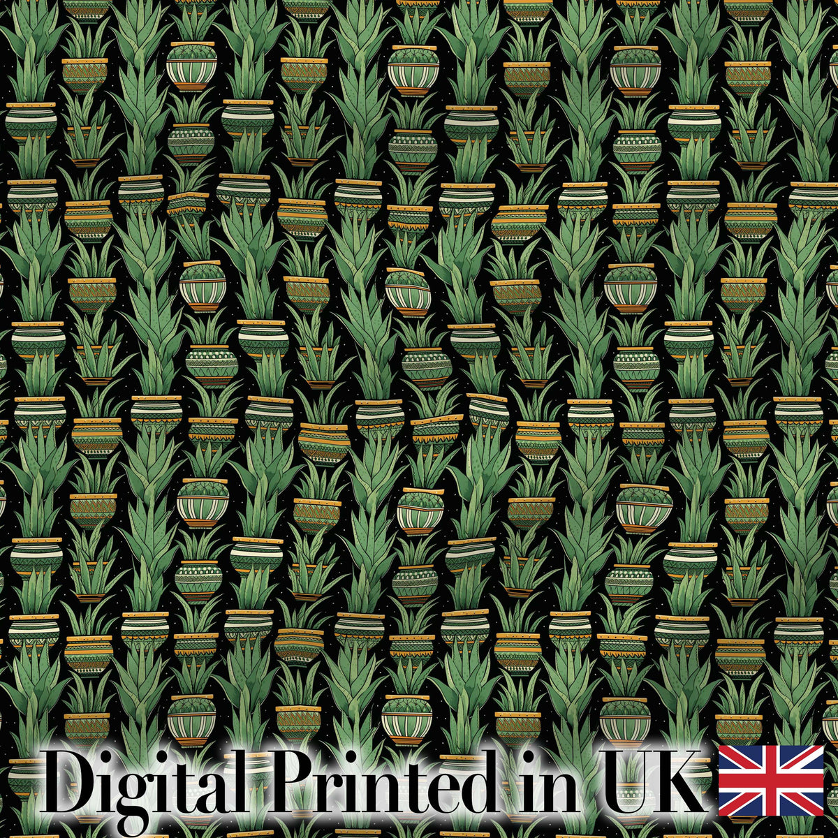 Decorative Potted Green Houseplants on Dark Background Seamless Pattern Digital Print Fabric by the Metre UK Sewing Quilting Textile