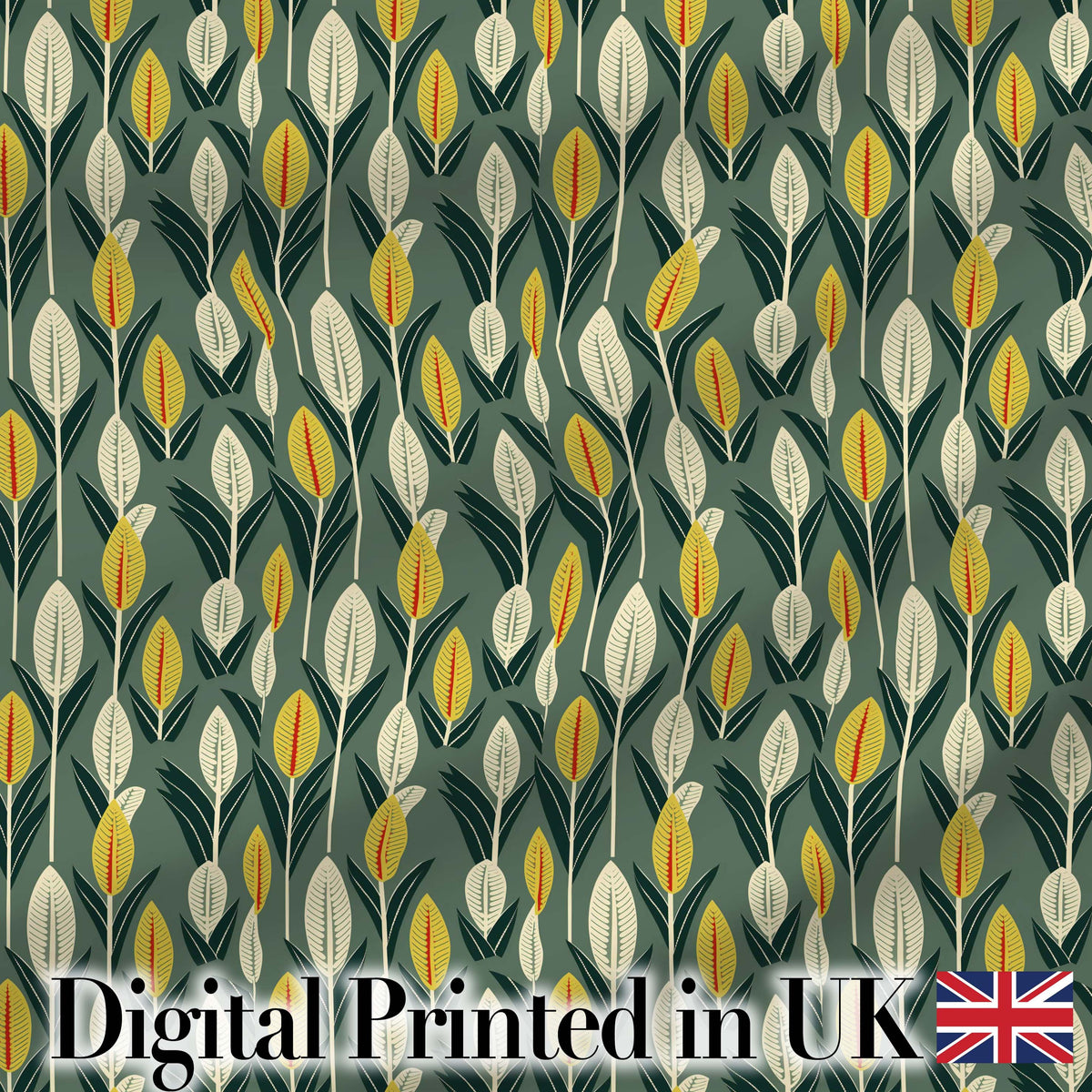 Stylized Leaf Stems in Green and Yellow on Muted Background Seamless Pattern Digital Print Fabric by the Metre UK Sewing Quilting Textile