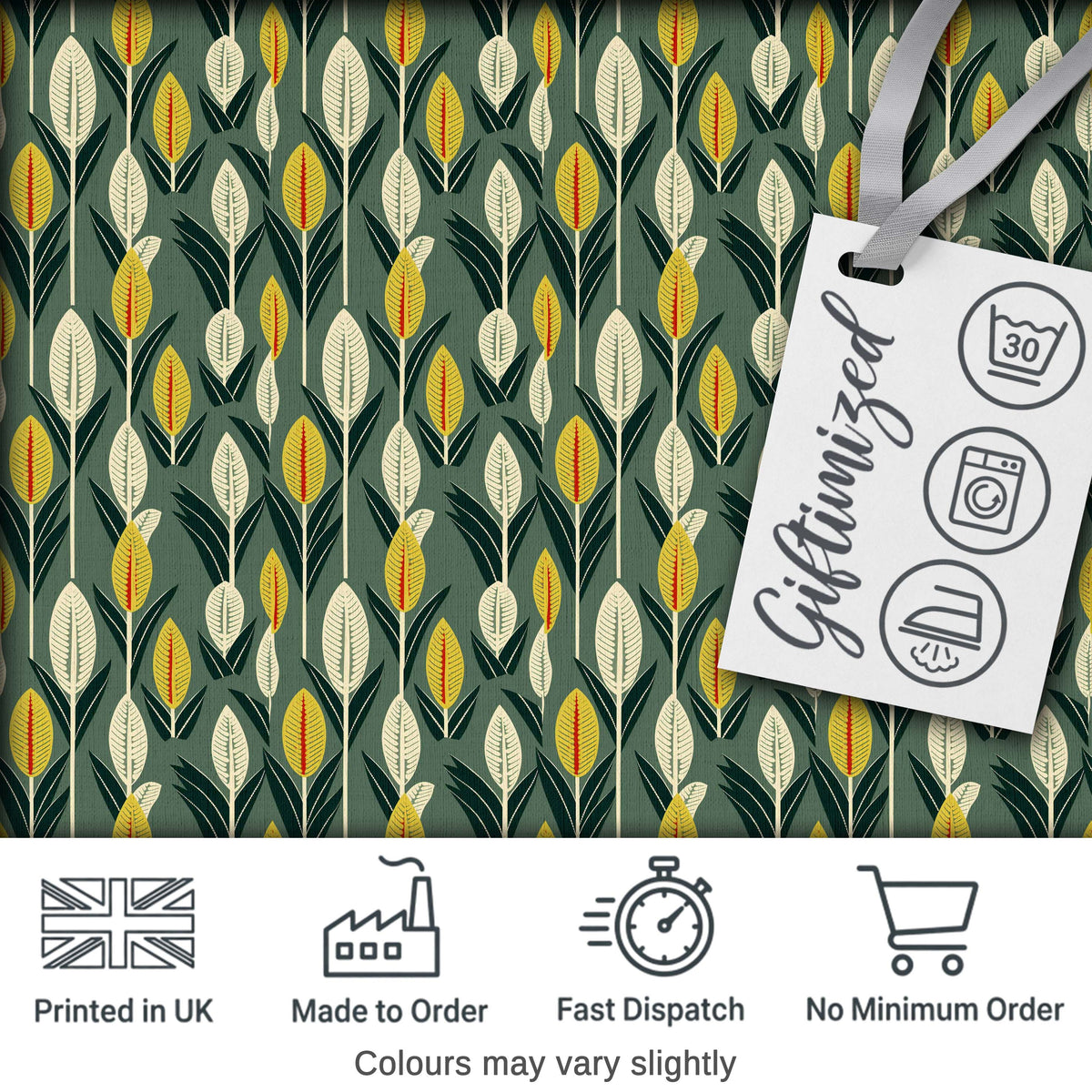 Stylized Leaf Stems in Green and Yellow on Muted Background Seamless Pattern Digital Print Fabric by the Metre UK Sewing Quilting Textile