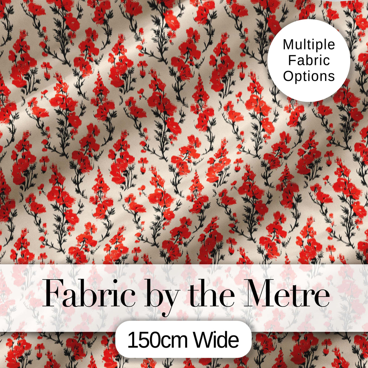 Bold Red Floral Silhouettes on Beige Background Seamless Pattern Digital Print Fabric by the Metre UK Sewing Quilting Textile