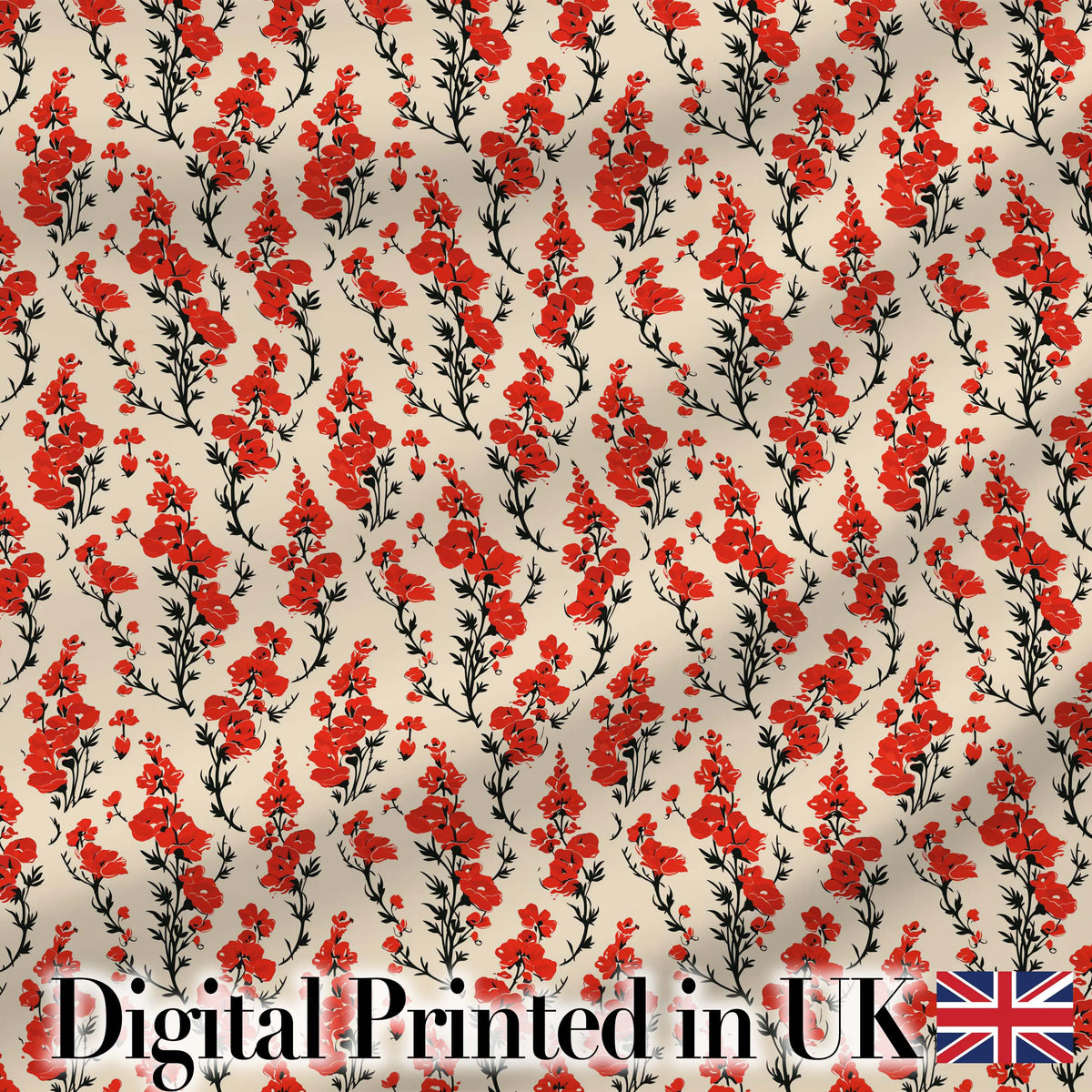 Bold Red Floral Silhouettes on Beige Background Seamless Pattern Digital Print Fabric by the Metre UK Sewing Quilting Textile