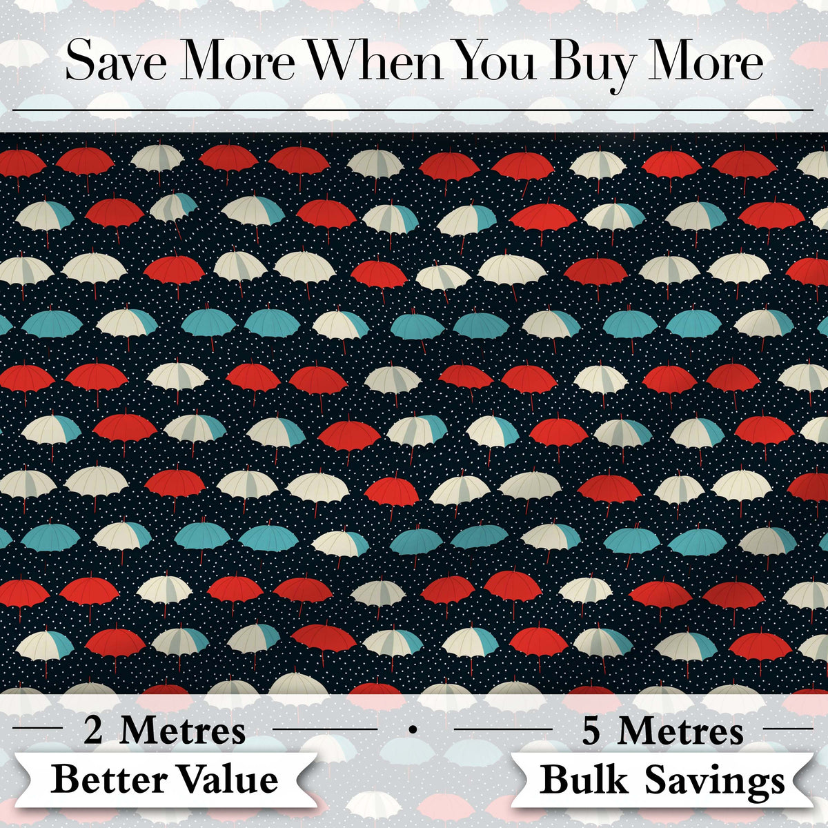 Umbrella Rows on Dark Polka Dot Background Seamless Pattern Digital Print Fabric by the Metre UK Sewing Quilting Textile