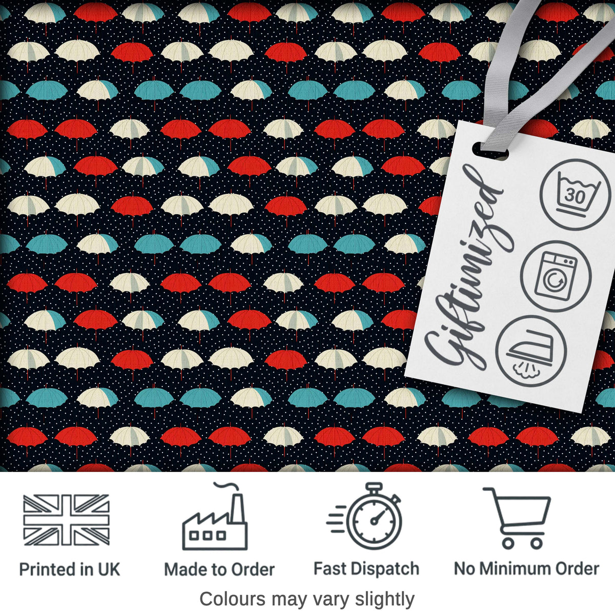 Umbrella Rows on Dark Polka Dot Background Seamless Pattern Digital Print Fabric by the Metre UK Sewing Quilting Textile