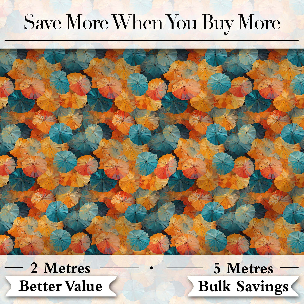 Colorful Overlapping Paper Umbrellas in Warm Orange and Teal Seamless Pattern Digital Print Fabric by the Metre UK Sewing Quilting Textile