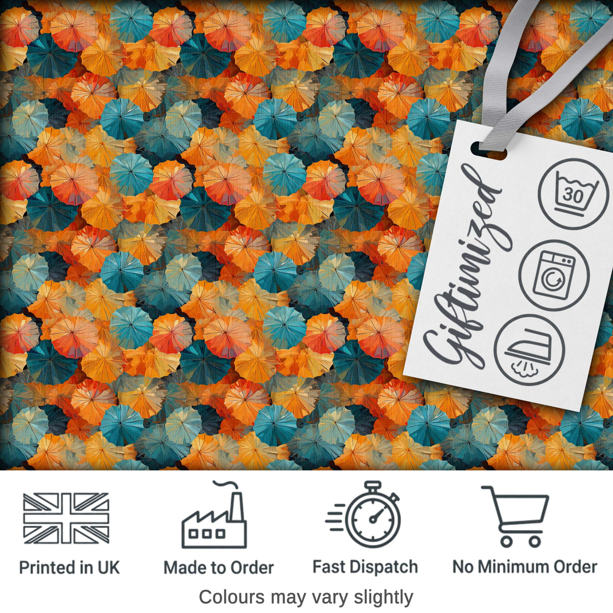 Colorful Overlapping Paper Umbrellas in Warm Orange and Teal Seamless Pattern Digital Print Fabric by the Metre UK Sewing Quilting Textile