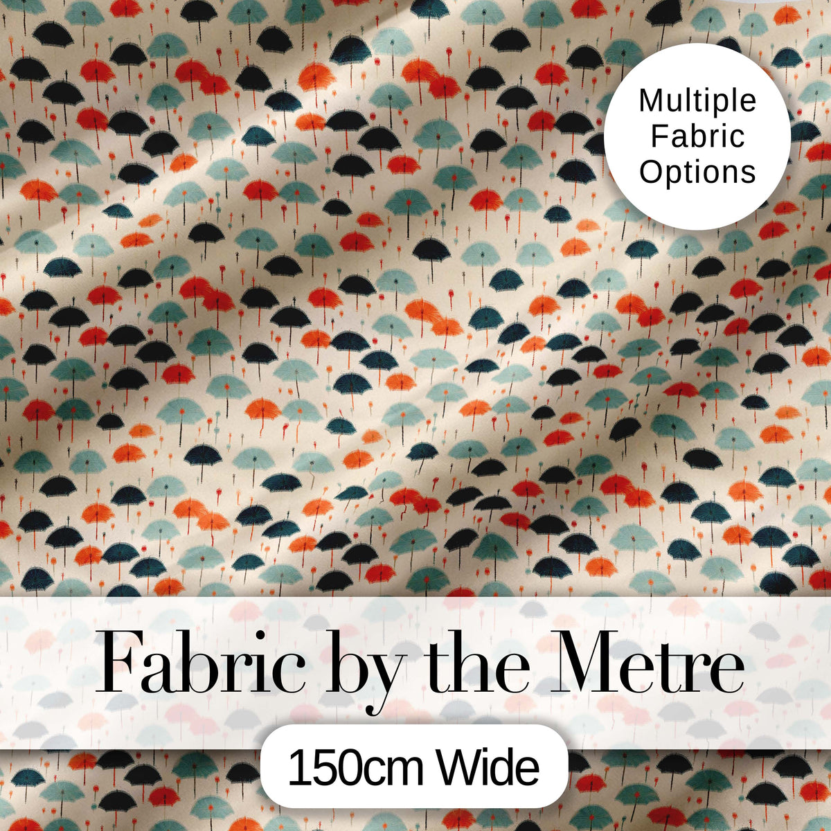 Small Umbrellas in Teal and Orange on Cream Seamless Pattern Digital Print Fabric by the Metre UK Sewing Quilting Textile