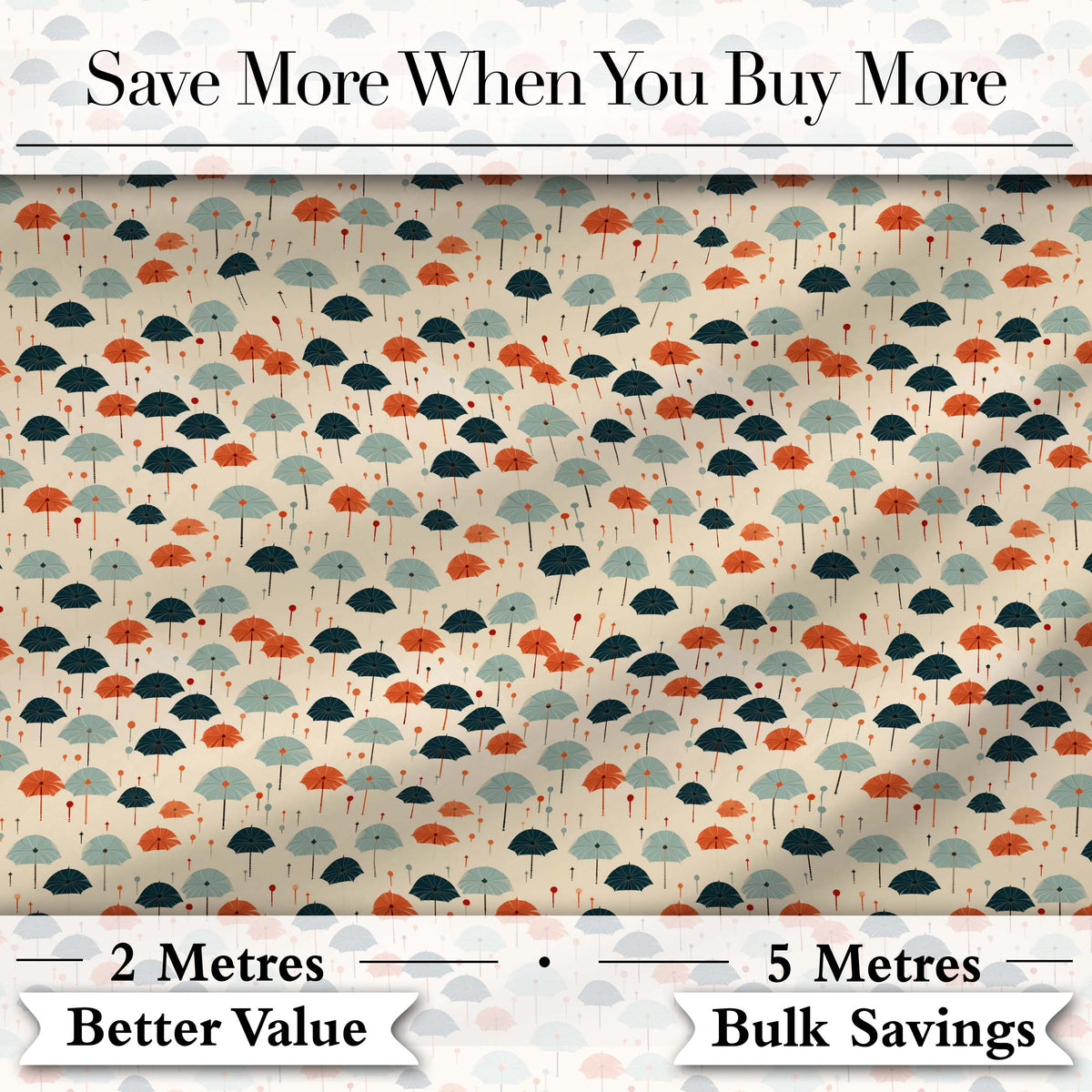 Small Umbrellas in Teal and Orange on Cream Seamless Pattern Digital Print Fabric by the Metre UK Sewing Quilting Textile