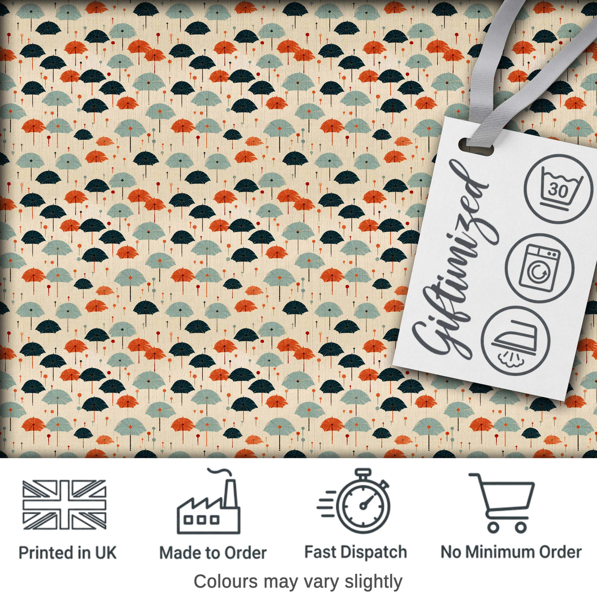 Small Umbrellas in Teal and Orange on Cream Seamless Pattern Digital Print Fabric by the Metre UK Sewing Quilting Textile
