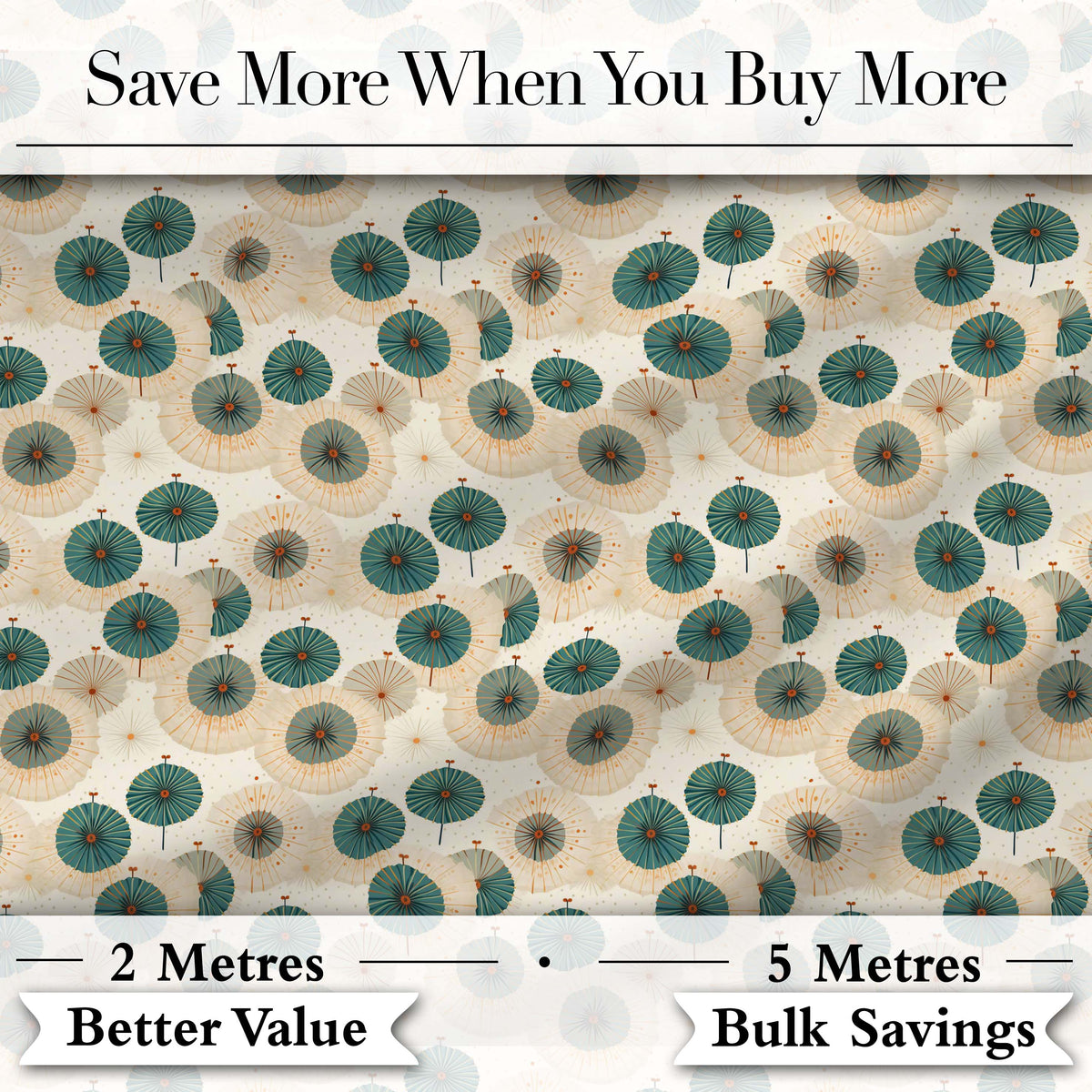 Vintage Paper Parasol Circles in Teal and Beige Seamless Pattern Digital Print Fabric by the Metre UK Sewing Quilting Textile