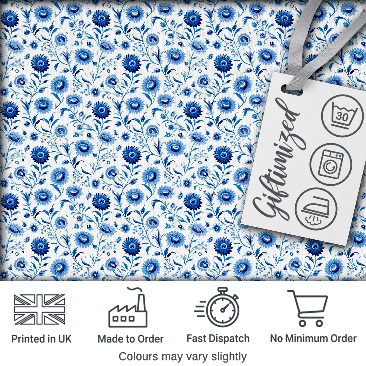 Classic Blue Folk Art Floral Pattern Seamless Pattern Digital Print Fabric by the Metre UK Sewing Quilting Textile