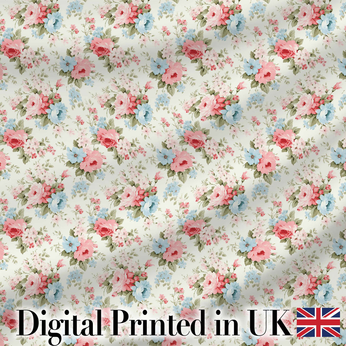 Vintage Pink and Blue Rose Bouquet Floral Seamless Pattern Digital Print Fabric by the Metre UK Sewing Quilting Textile