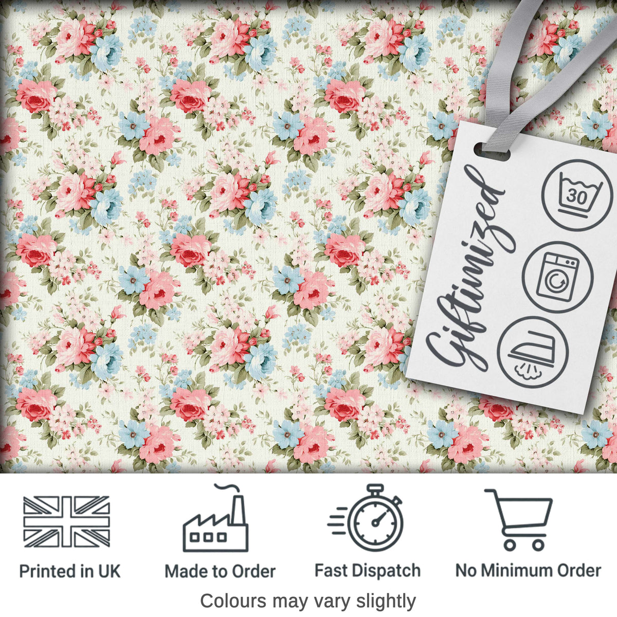 Vintage Pink and Blue Rose Bouquet Floral Seamless Pattern Digital Print Fabric by the Metre UK Sewing Quilting Textile