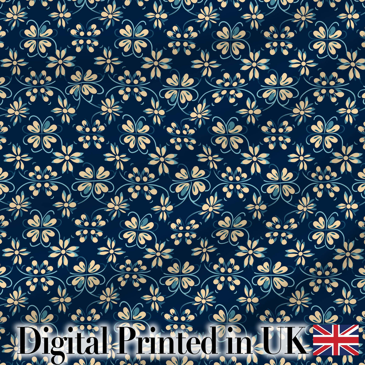 Dark Navy Floral with Beige Blossoms Seamless Pattern Digital Print Fabric by the Metre UK Sewing Quilting Textile