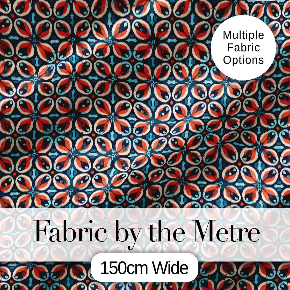 Geometric Floral Tile in Coral and Navy Seamless Pattern Digital Print Fabric by the Metre UK Sewing Quilting Textile