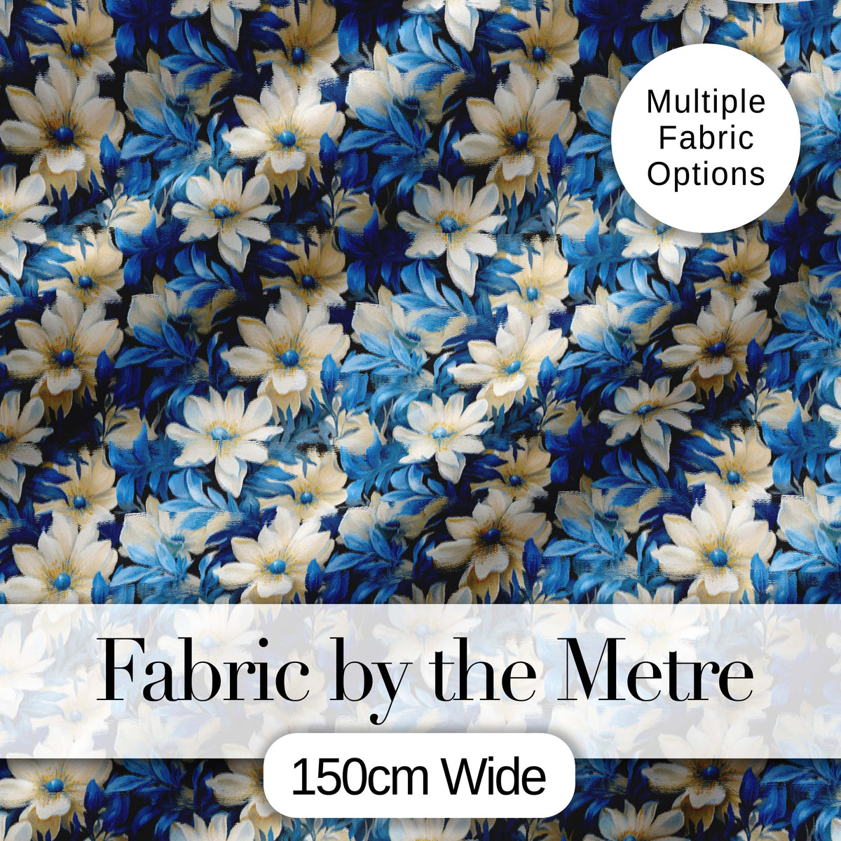 Elegant Blue and Cream Floral Garden Seamless Pattern Digital Print Fabric by the Metre UK Sewing Quilting Textile
