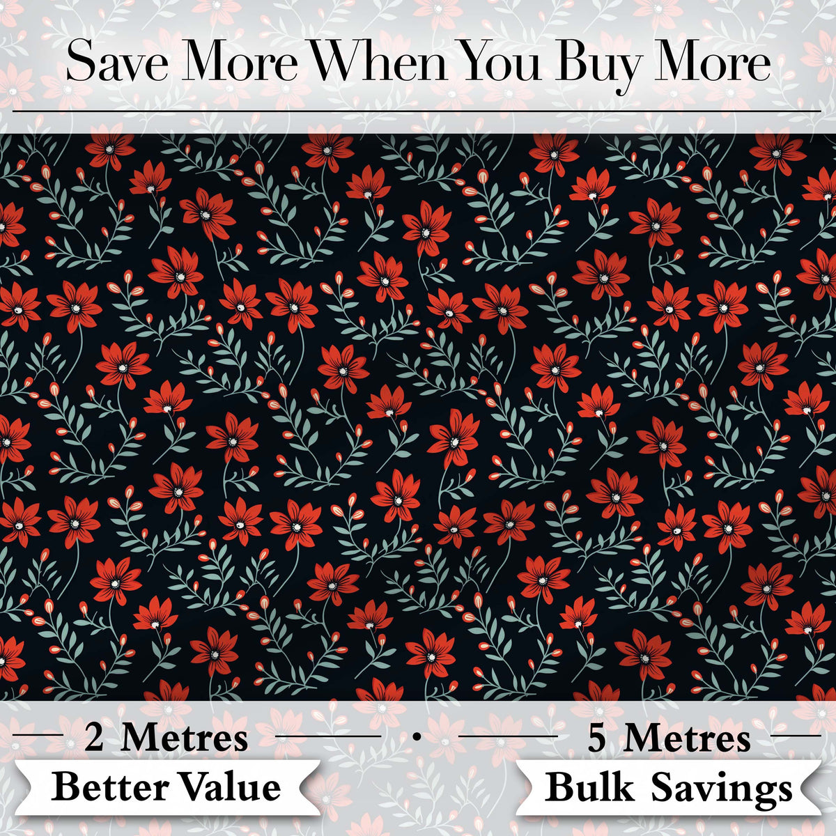Bold Red Floral Sprigs on Dark Background Seamless Pattern Digital Print Fabric by the Metre UK Sewing Quilting Textile