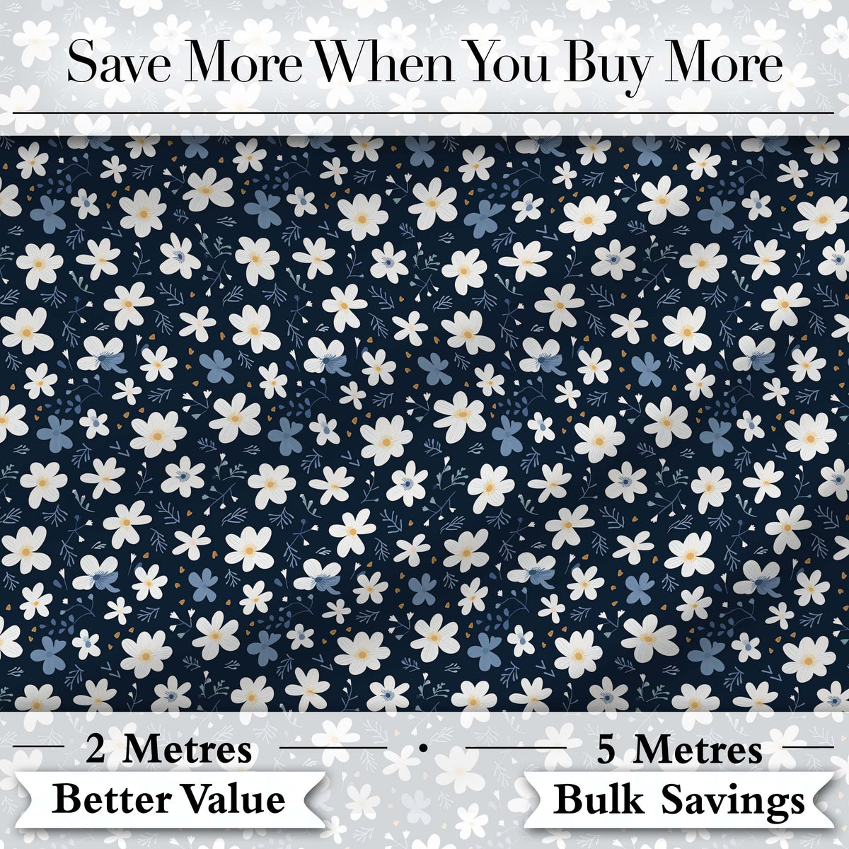White Daisy Flowers on Deep Navy Background Seamless Pattern Digital Print Fabric by the Metre UK Sewing Quilting Textile