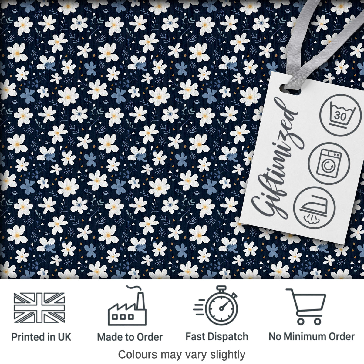 White Daisy Flowers on Deep Navy Background Seamless Pattern Digital Print Fabric by the Metre UK Sewing Quilting Textile