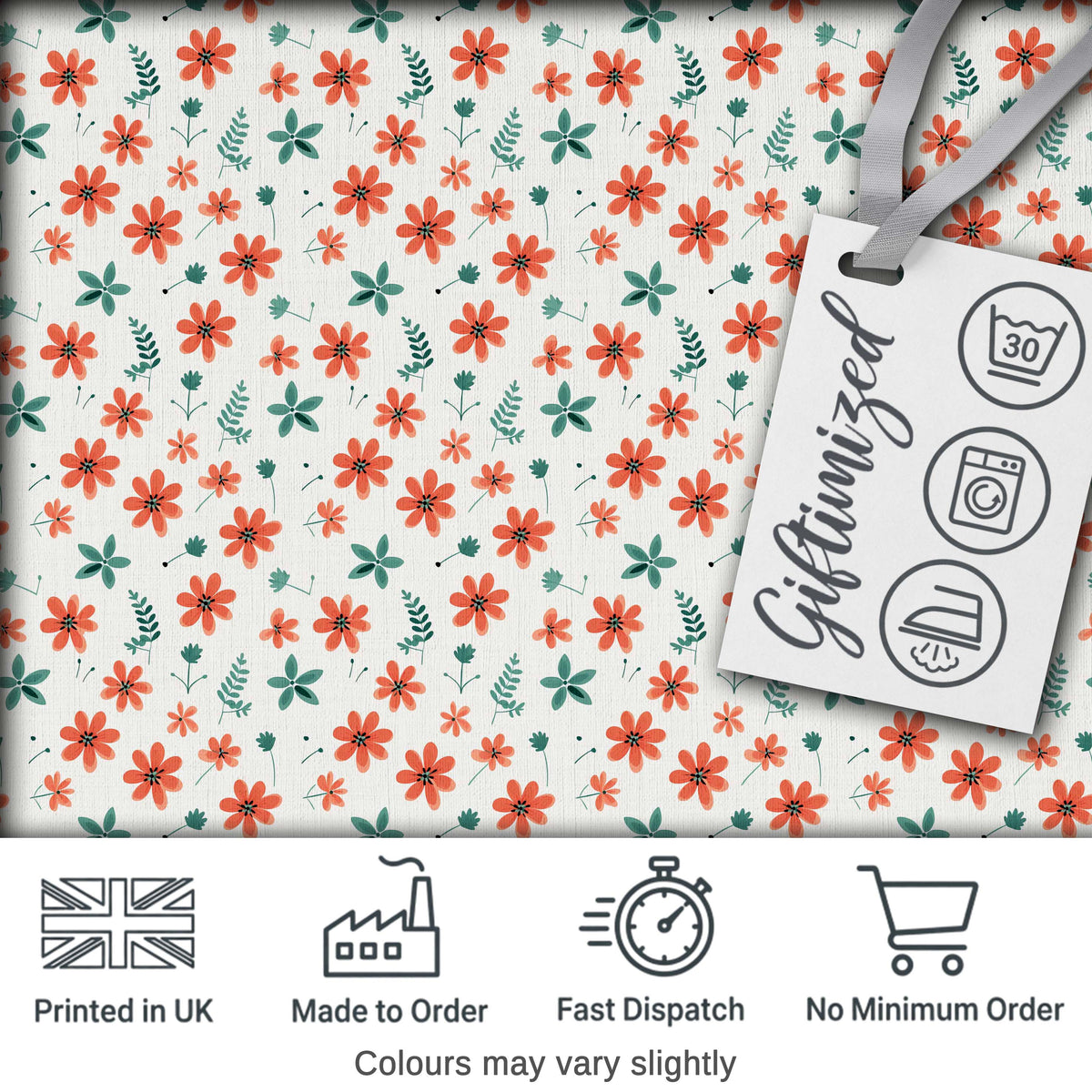 Coral Orange Floral Sprigs with Green Leaves Seamless Pattern Digital Print Fabric by the Metre UK Sewing Quilting Textile