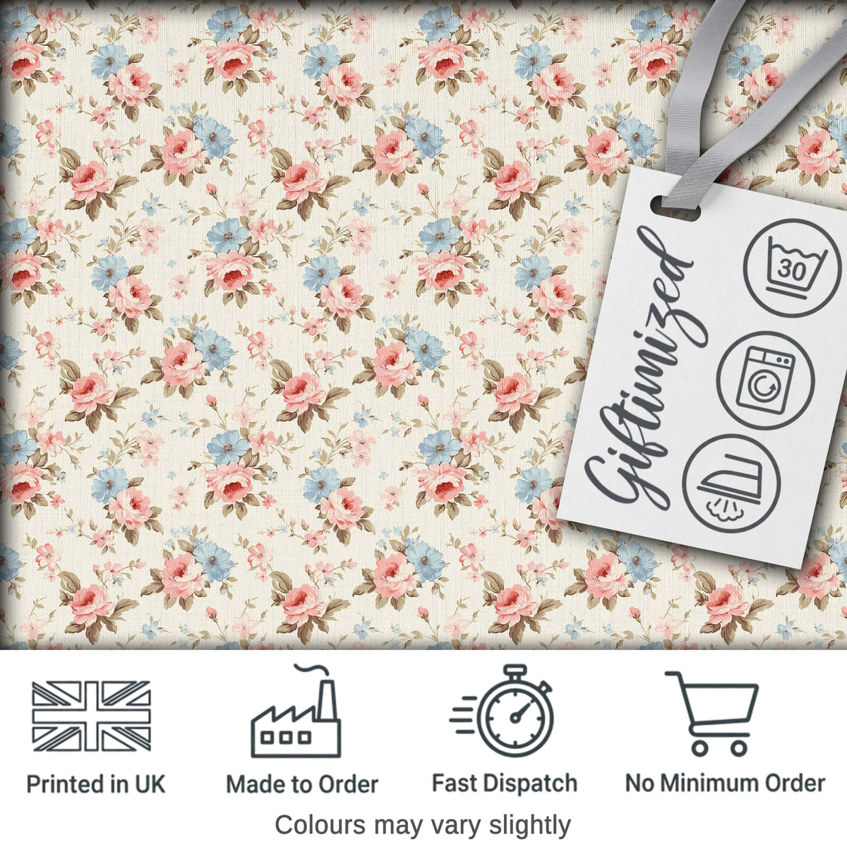 Vintage Pink and Blue Rose Garden Floral Seamless Pattern Digital Print Fabric by the Metre UK Sewing Quilting Textile