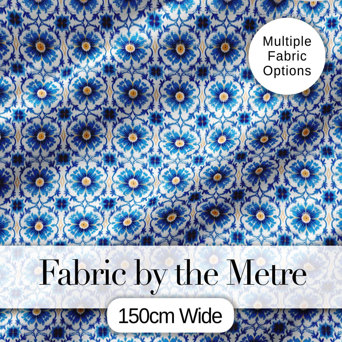 Blue Ornamental Floral Tile Inspired Pattern Seamless Pattern Digital Print Fabric by the Metre UK Sewing Quilting Textile