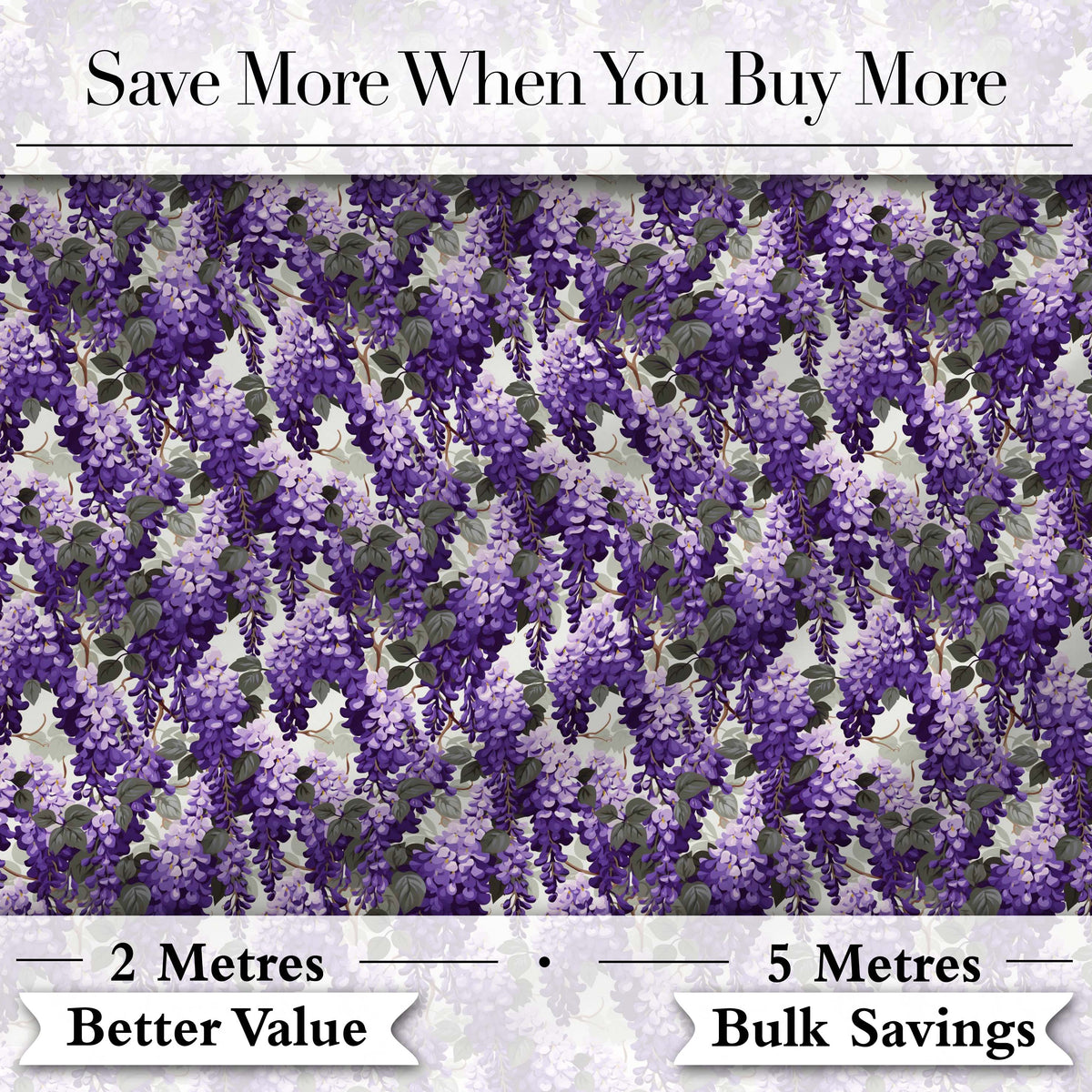 Elegant Purple Wisteria Clusters with Soft Leaves Seamless Pattern Digital Print Fabric by the Metre UK Sewing Quilting Textile