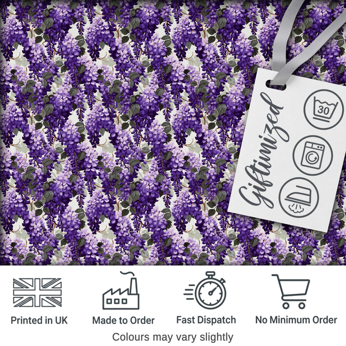 Elegant Purple Wisteria Clusters with Soft Leaves Seamless Pattern Digital Print Fabric by the Metre UK Sewing Quilting Textile