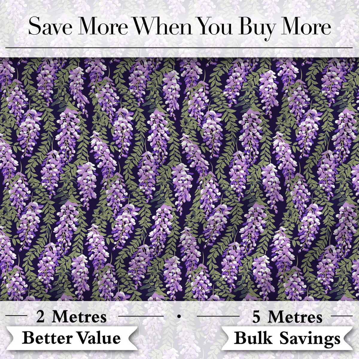 Purple Wisteria Vine Clusters with Natural Green Leaves Seamless Pattern Digital Print Fabric by the Metre UK Sewing Quilting Textile