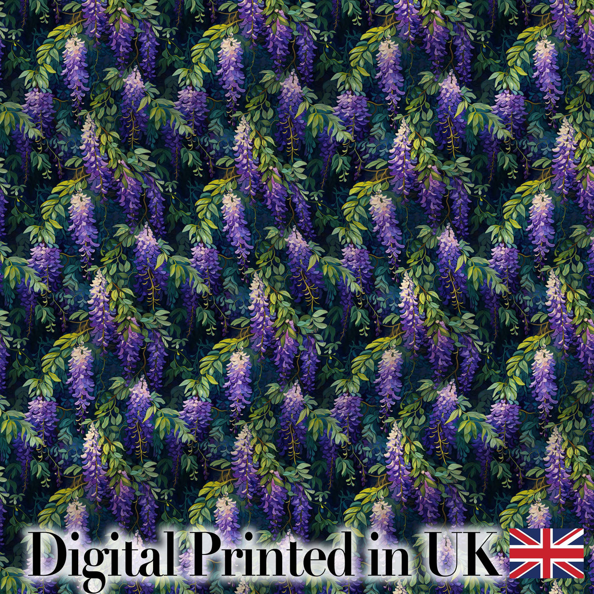 Dark Botanical Wisteria with Green Leaves Rich Seamless Pattern Digital Print Fabric by the Metre UK Sewing Quilting Textile