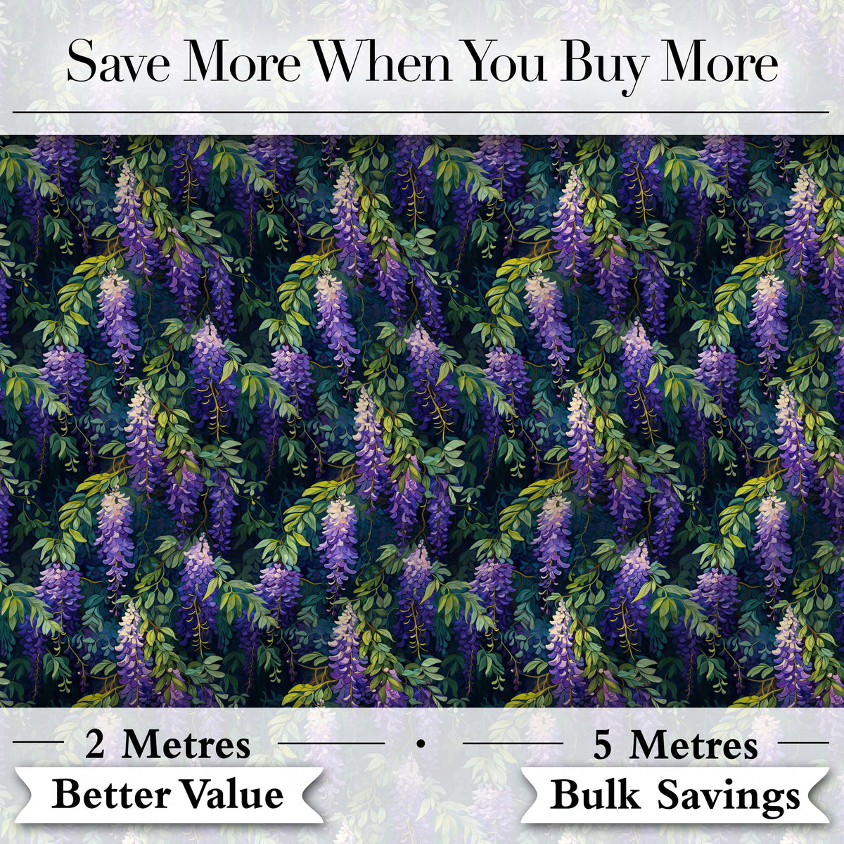 Dark Botanical Wisteria with Green Leaves Rich Seamless Pattern Digital Print Fabric by the Metre UK Sewing Quilting Textile