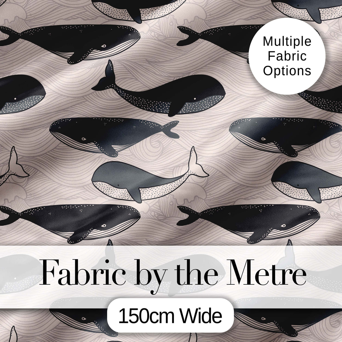 Cute Whale Ocean Waves Seamless Pattern Digital Print Fabric by the Metre UK Sewing Quilting Textile