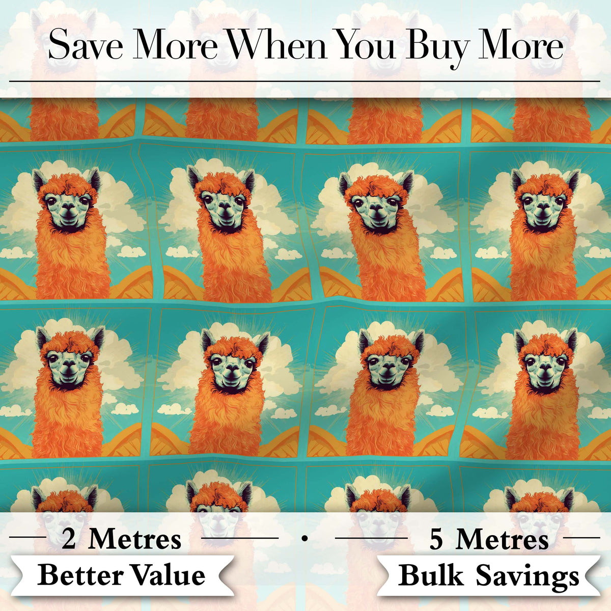 Cute Alpaca Portrait With Blue Sky And Clouds Seamless Pattern Digital Print Fabric by the Metre UK Sewing Quilting Textile
