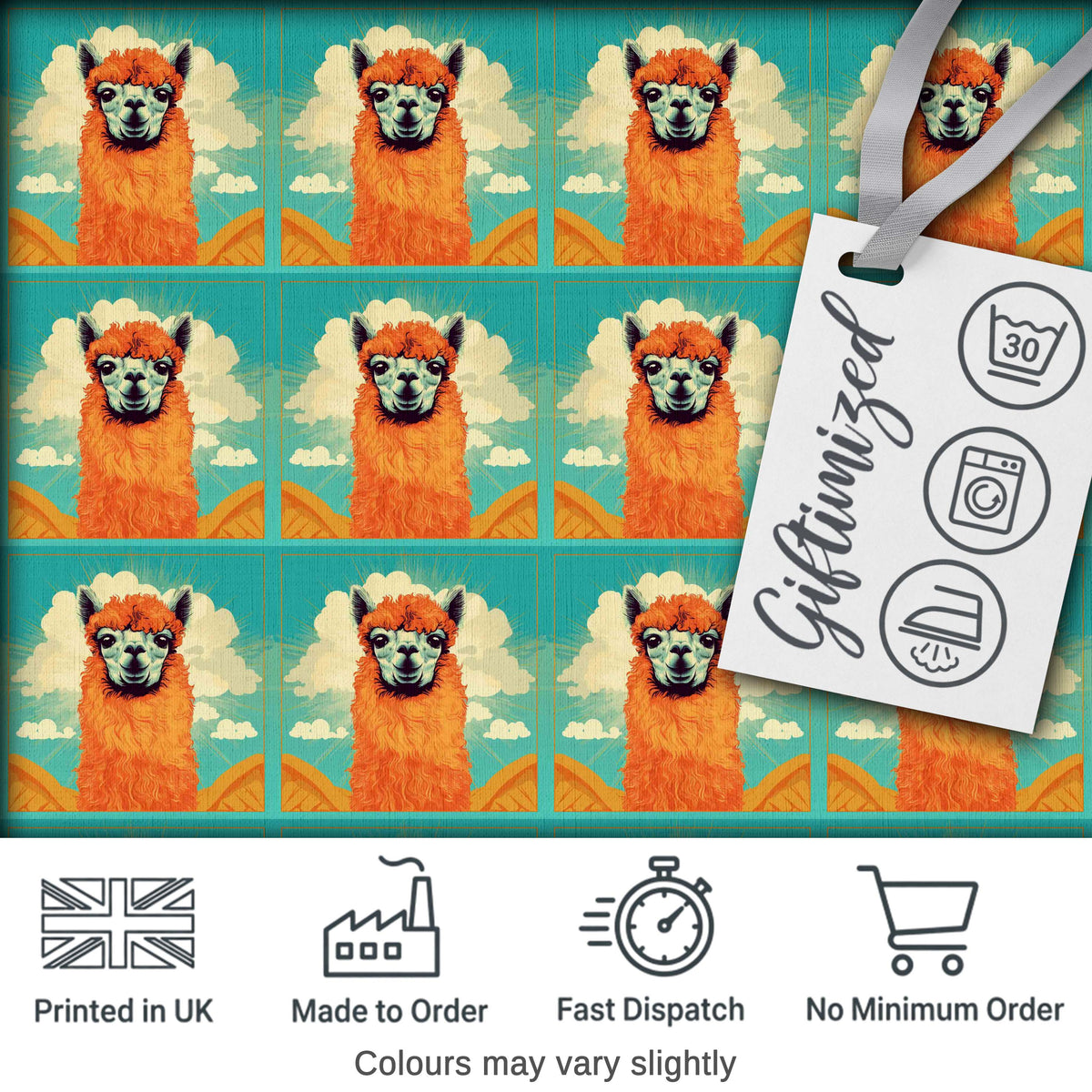 Cute Alpaca Portrait With Blue Sky And Clouds Seamless Pattern Digital Print Fabric by the Metre UK Sewing Quilting Textile