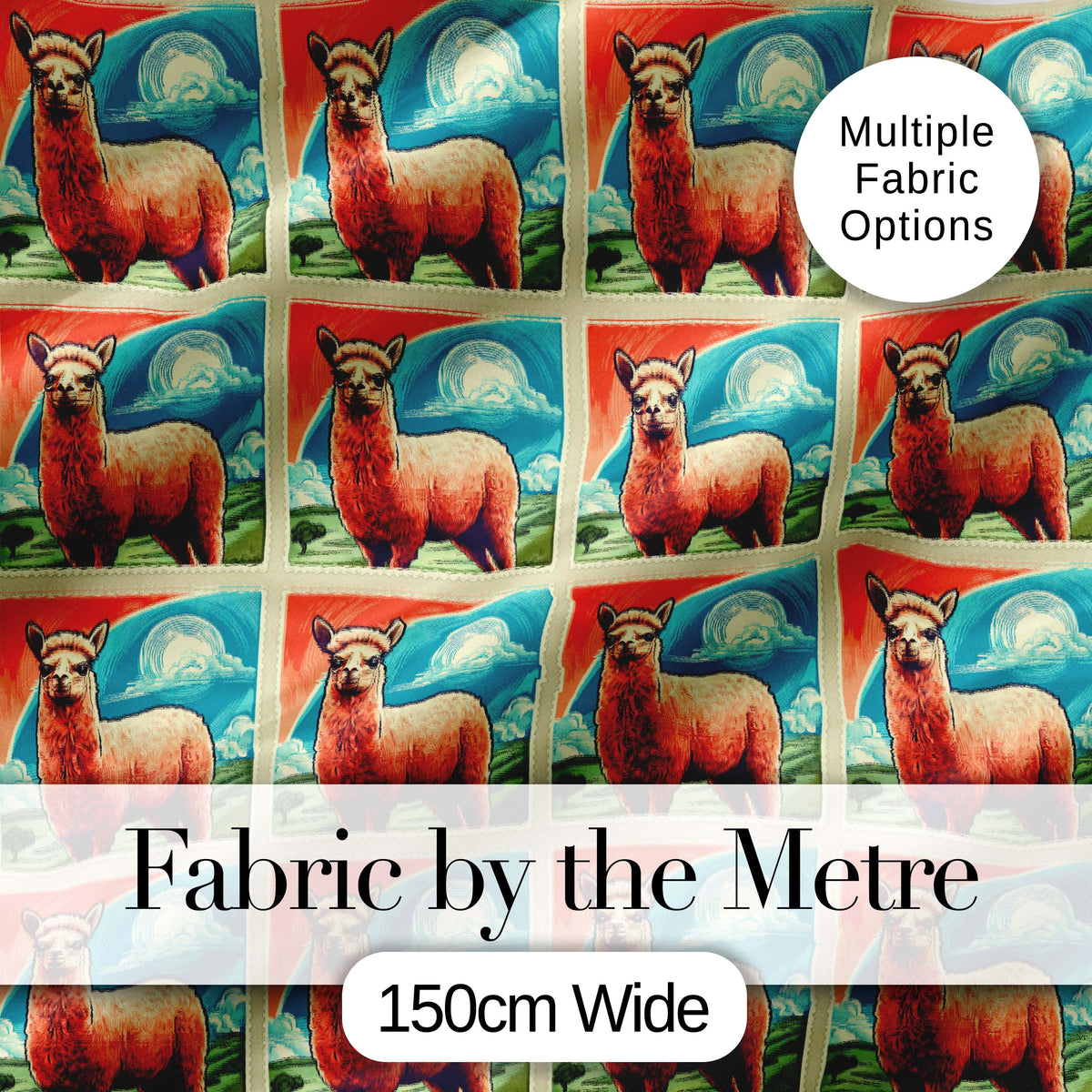 Vintage Alpaca Landscape Illustration Seamless Pattern Digital Print Fabric by the Metre UK Sewing Quilting Textile