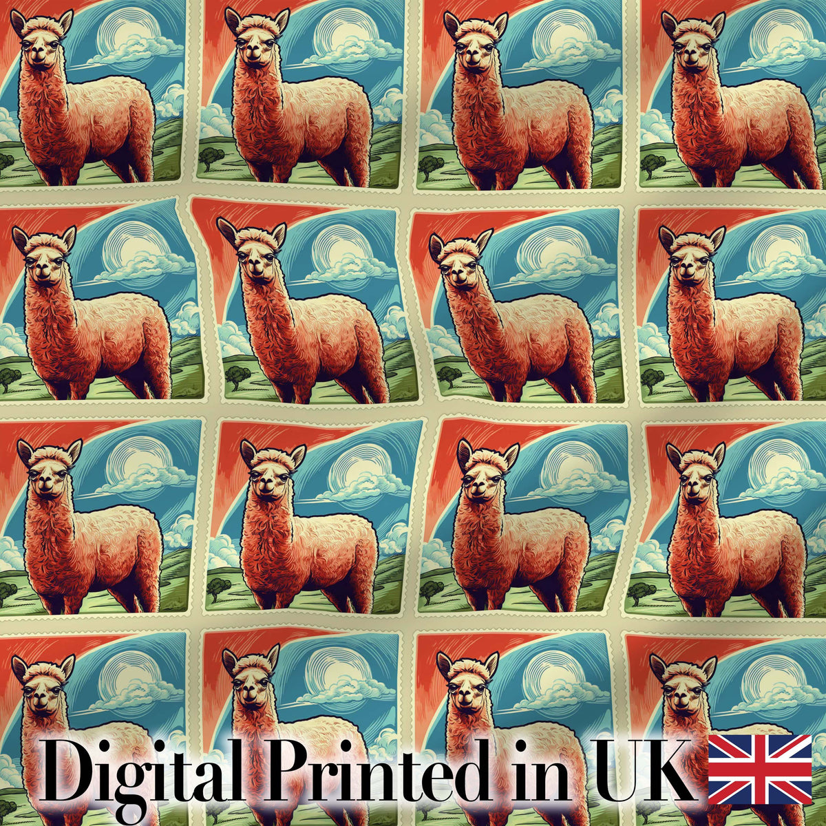 Vintage Alpaca Landscape Illustration Seamless Pattern Digital Print Fabric by the Metre UK Sewing Quilting Textile