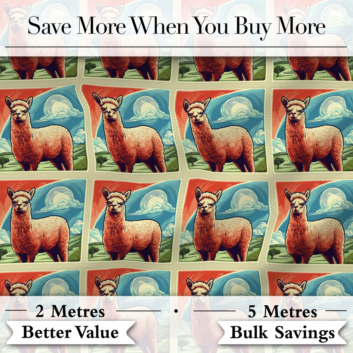 Vintage Alpaca Landscape Illustration Seamless Pattern Digital Print Fabric by the Metre UK Sewing Quilting Textile