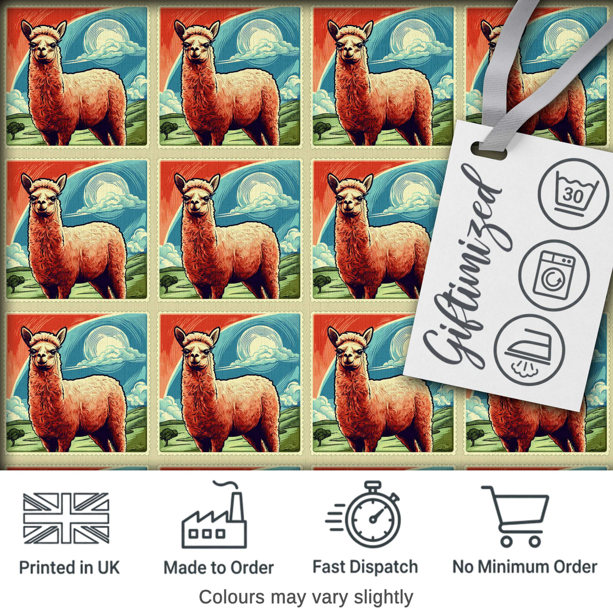 Vintage Alpaca Landscape Illustration Seamless Pattern Digital Print Fabric by the Metre UK Sewing Quilting Textile