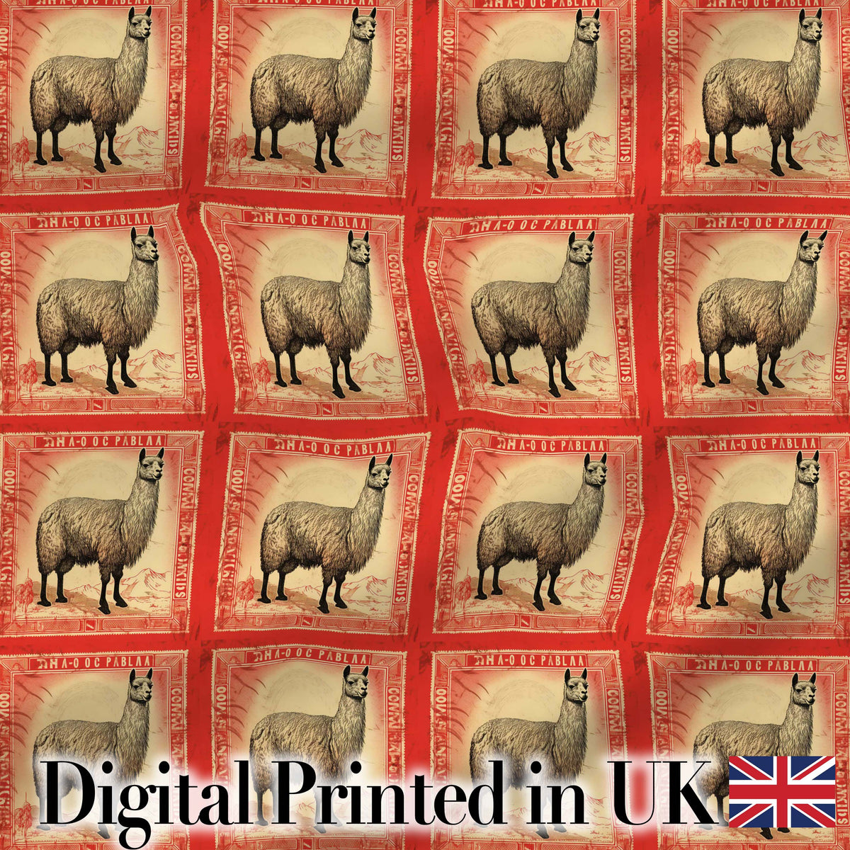 Vintage Stamp Style Alpaca Illustration Seamless Pattern Digital Print Fabric by the Metre UK Sewing Quilting Textile