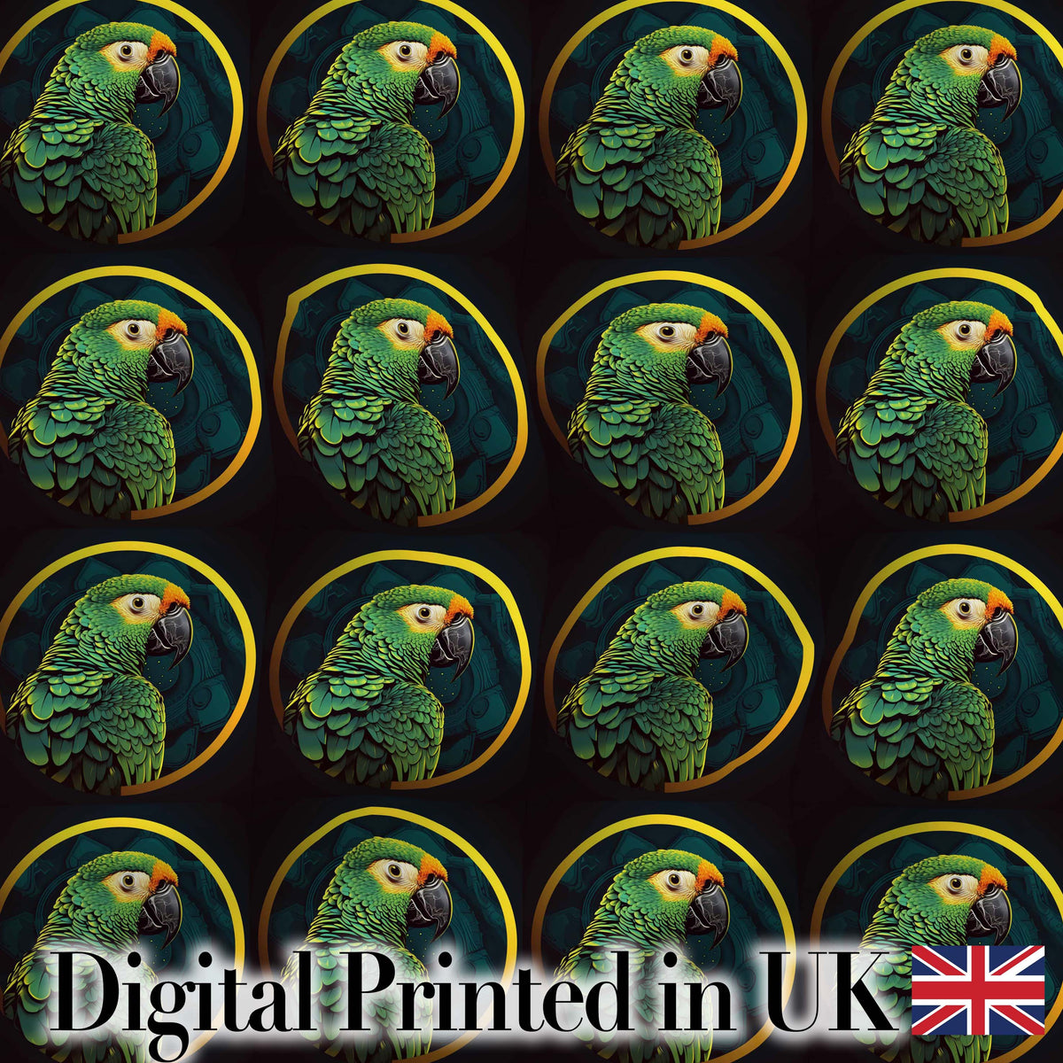 Exotic Green Parrot Circular Frame Seamless Pattern Digital Print Fabric by the Metre UK Sewing Quilting Textile