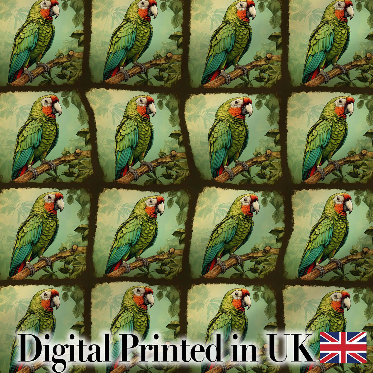 Tropical Parrot On Branch Jungle Scene Seamless Pattern Digital Print Fabric by the Metre UK Sewing Quilting Textile