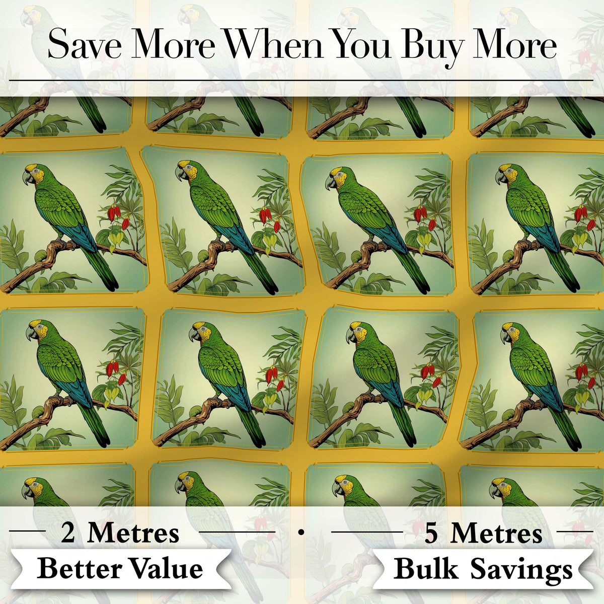 Tropical Green Parrot Branch Botanical Frame Seamless Pattern Digital Print Fabric by the Metre UK Sewing Quilting Textile