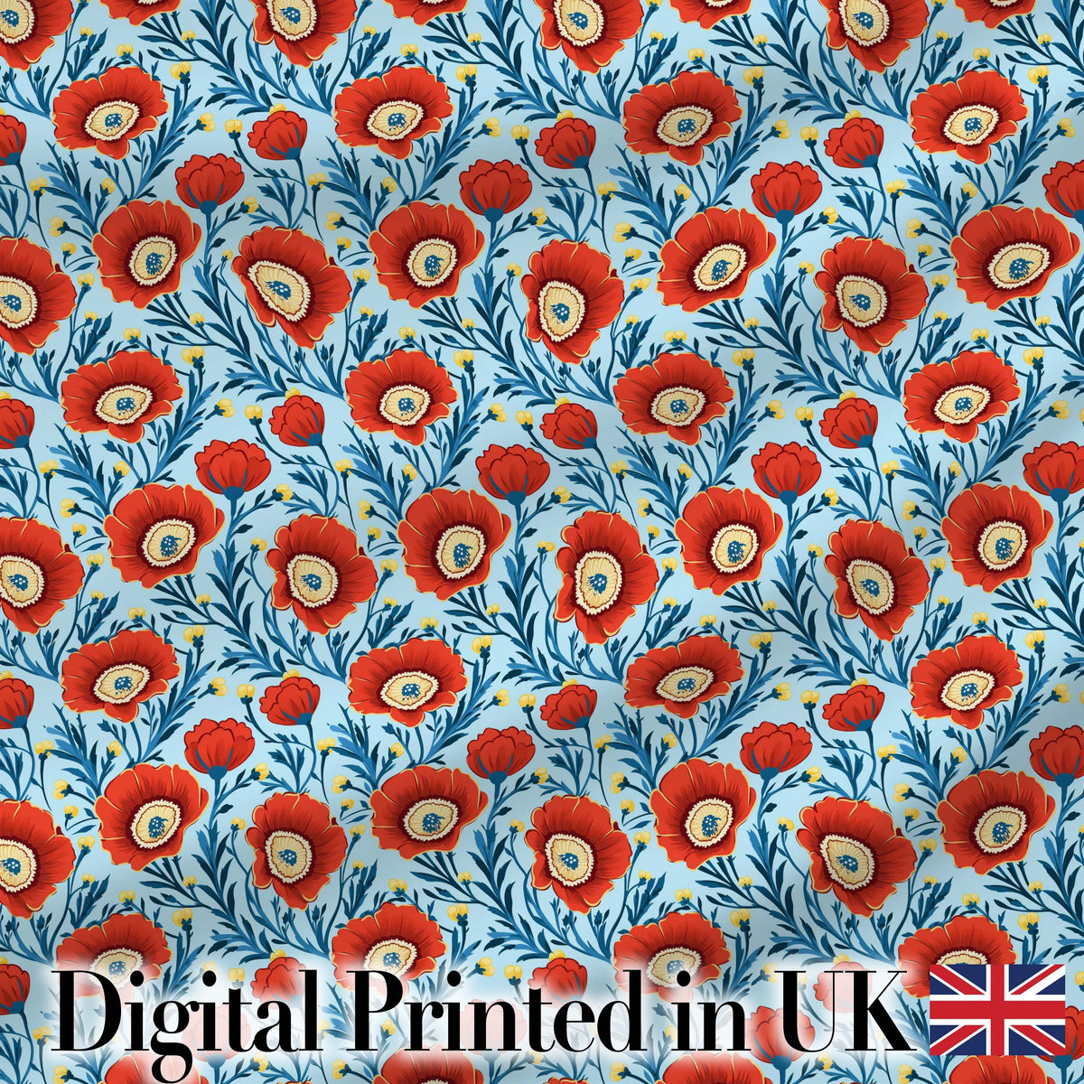 Red Poppy Flowers Botanical Garden Seamless Pattern Digital Print Fabric by the Metre UK Sewing Quilting Textile