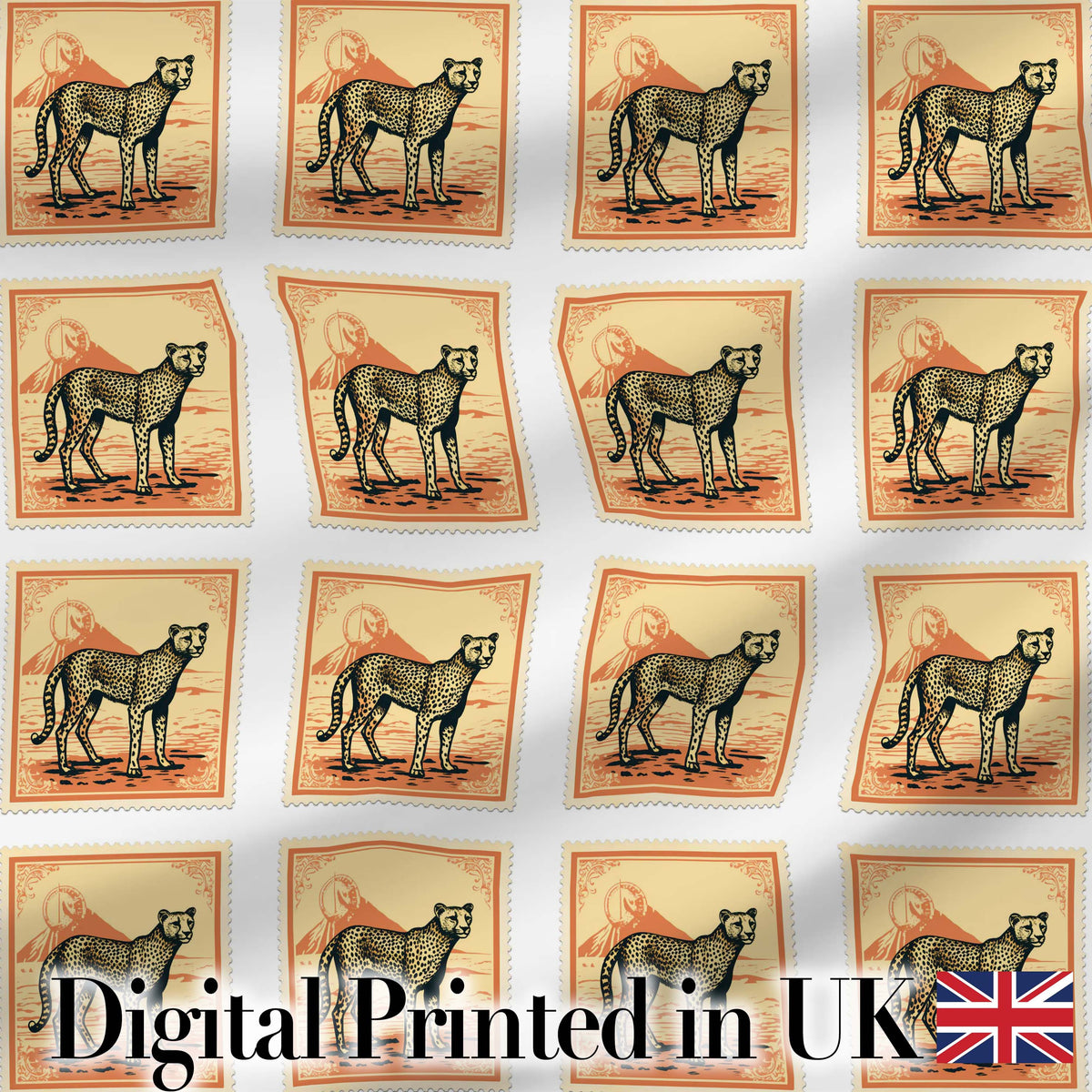 Vintage Cheetah Postage Stamp Style Safari Animal Seamless Pattern Digital Print Fabric by the Metre UK Sewing Quilting Textile