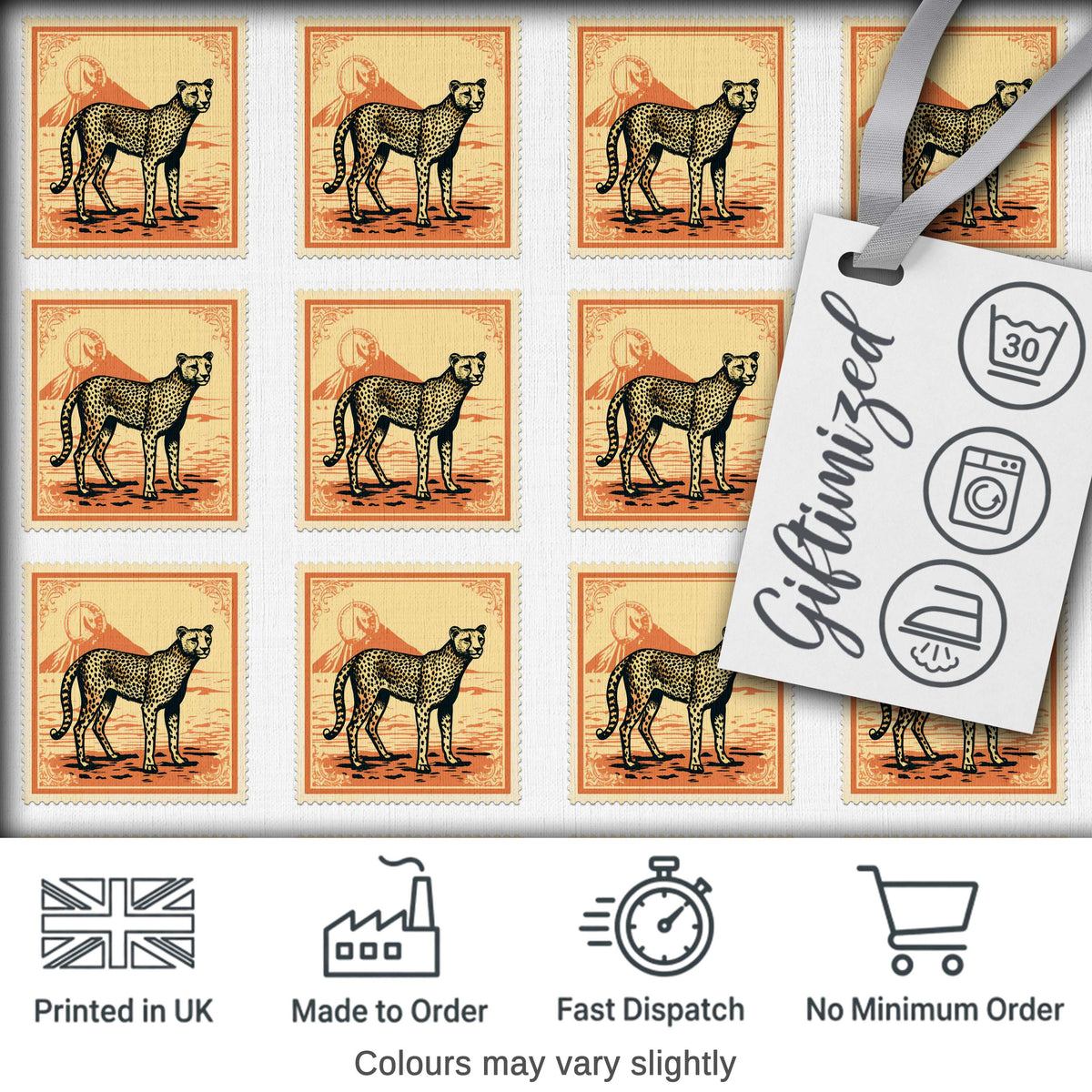 Vintage Cheetah Postage Stamp Style Safari Animal Seamless Pattern Digital Print Fabric by the Metre UK Sewing Quilting Textile
