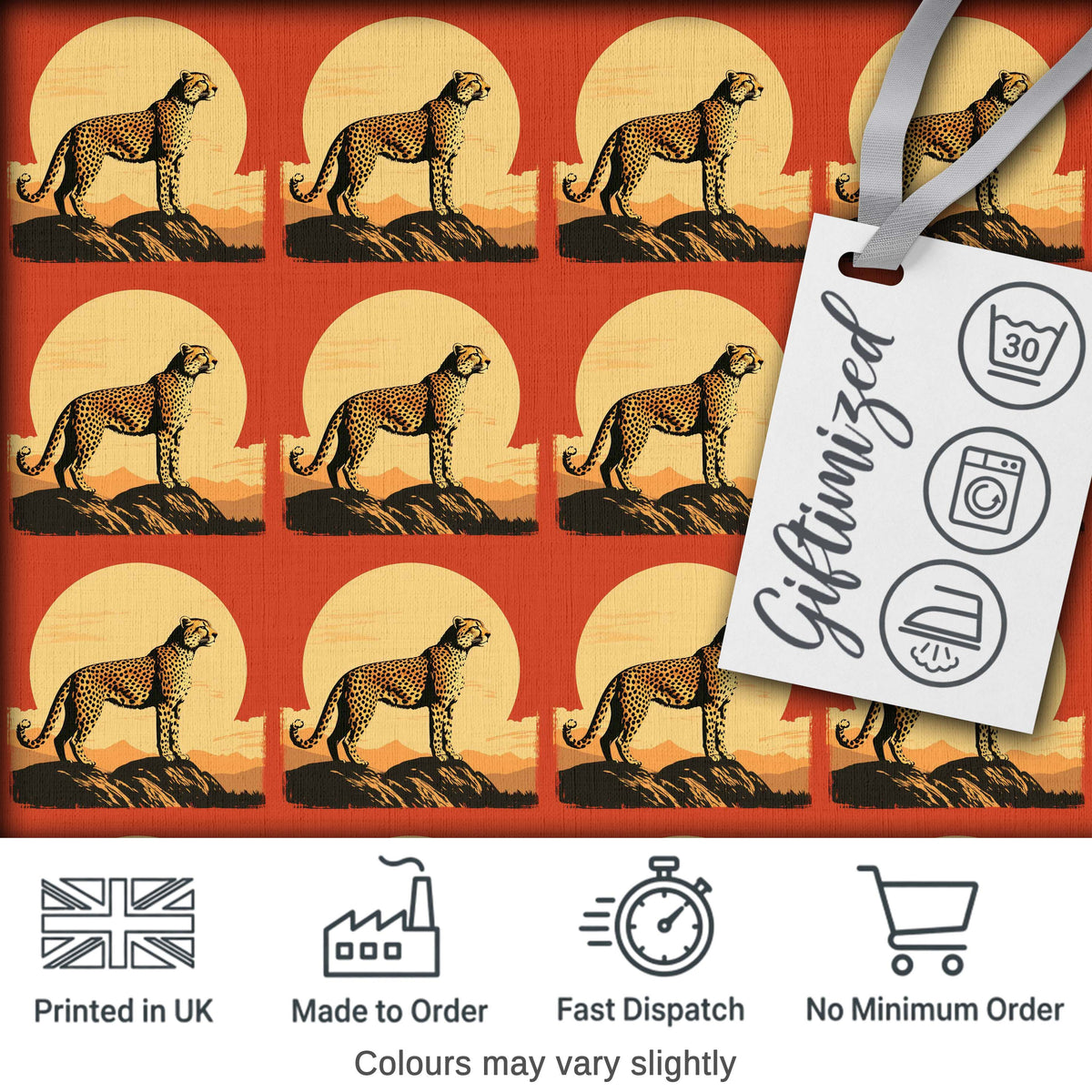 Minimal Cheetah Silhouette Sunset Horizon Seamless Pattern Digital Print Fabric by the Metre UK Sewing Quilting Textile