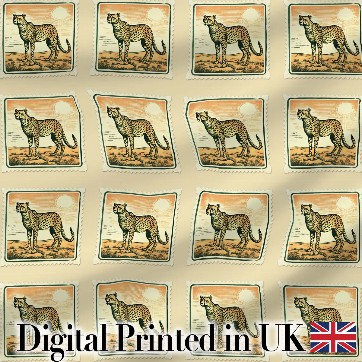 Vintage Cheetah Stamp Sunset Desert Seamless Pattern Digital Print Fabric by the Metre UK Sewing Quilting Textile