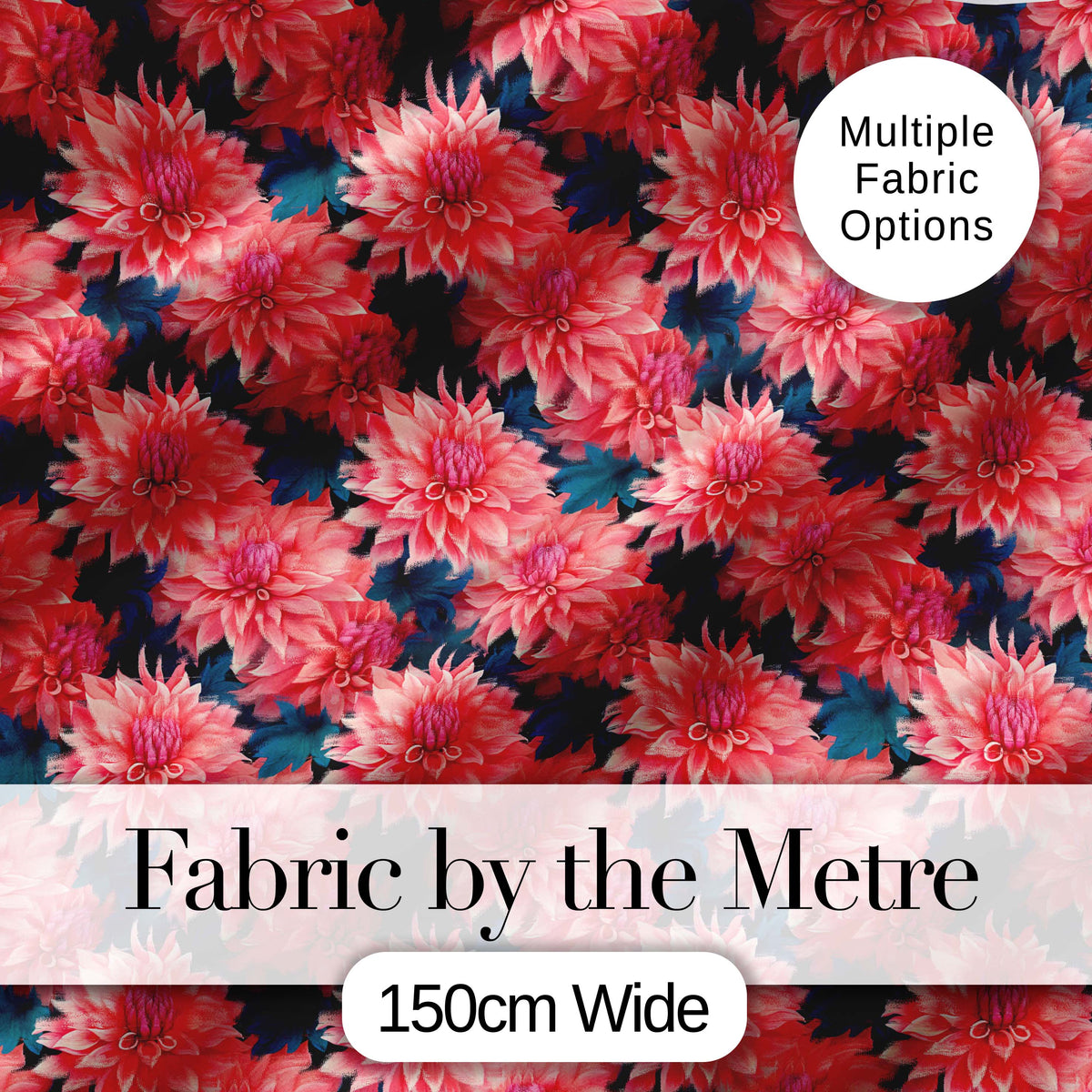 Bold Red Dahlia Floral Dark Background Seamless Pattern Digital Print Fabric by the Metre UK Sewing Quilting Textile