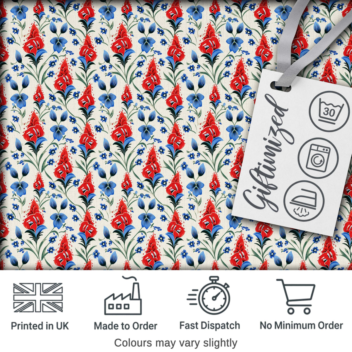 Red and Blue Floral Folk Art Seamless Pattern Botanical Design Digital Print Fabric by the Metre UK Sewing Quilting Textile